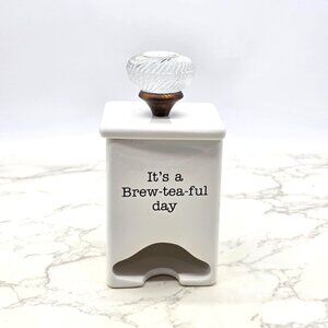 Mud Pie It's a Brew-tea-ful Day Ceramic Tea Bag Caddy Dispenser Holder White